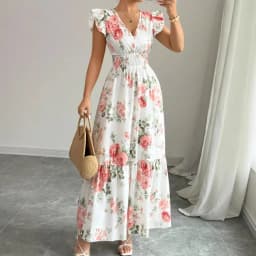 New Summer Women's Dress V-neck Elastic Waist Flying Sleeves Date Girl Vacation Fashion Patchwork Flower Print Female Long Skirt