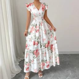 New Summer Women's Dress V-neck Elastic Waist Flying Sleeves Date Girl Vacation Fashion Patchwork Flower Print Female Long Skirt