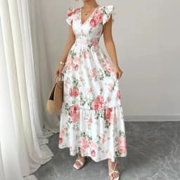 New Summer Women's Dress V-neck Elastic Waist Flying Sleeves Date Girl Vacation Fashion Patchwork Flower Print Female Long Skirt