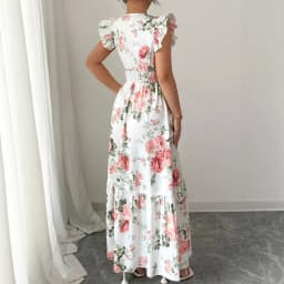 New Summer Women's Dress V-neck Elastic Waist Flying Sleeves Date Girl Vacation Fashion Patchwork Flower Print Female Long Skirt