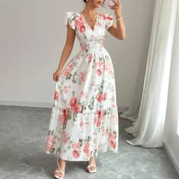 New Summer Women's Dress V-neck Elastic Waist Flying Sleeves Date Girl Vacation Fashion Patchwork Flower Print Female Long Skirt