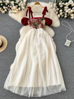 SINGREINY Embroidered Retro Print Camis Dress Women French Style Lace-up Design 2023 Summer Steetwear Mesh Long Party Dress