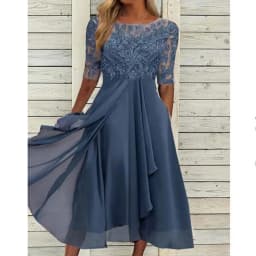 Women Lace Chiffon Midi Dress Summer Lady O-Neck Short Sleeve Cute Lace Patchwork Prom Evening Dress OUFY-801