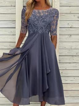 Women Lace Chiffon Midi Dress Summer Lady O-Neck Short Sleeve Cute Lace Patchwork Prom Evening Dress OUFY-801