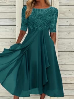 Women Lace Chiffon Midi Dress Summer Lady O-Neck Short Sleeve Cute Lace Patchwork Prom Evening Dress OUFY-801