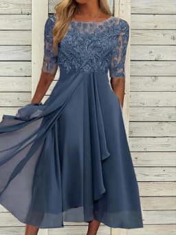 Women Lace Chiffon Midi Dress Summer Lady O-Neck Short Sleeve Cute Lace Patchwork Prom Evening Dress OUFY-801