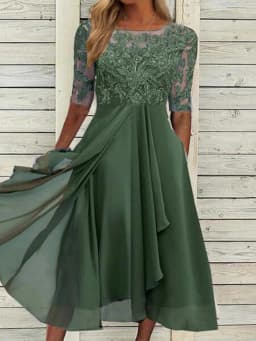 Women Lace Chiffon Midi Dress Summer Lady O-Neck Short Sleeve Cute Lace Patchwork Prom Evening Dress OUFY-801