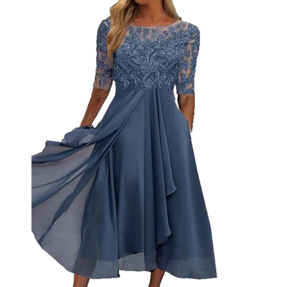Women Lace Chiffon Midi Dress Summer Lady O-Neck Short Sleeve Cute Lace Patchwork Prom Evening Dress OUFY-801