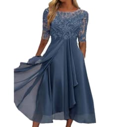 Women Lace Chiffon Midi Dress Summer Lady O-Neck Short Sleeve Cute Lace Patchwork Prom Evening Dress OUFY-801