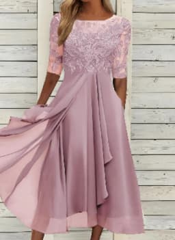 Women Lace Chiffon Midi Dress Summer Lady O-Neck Short Sleeve Cute Lace Patchwork Prom Evening Dress OUFY-801