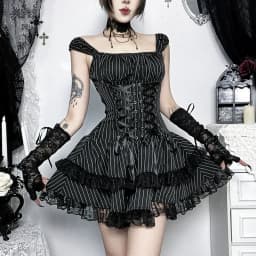 Goth Dark Lolita Outfits Cyber Y2K Striped Bandage Mini Dresses Sweet Lace Stitch Hem Cake Dress Mall Gothic Straps Party Gown