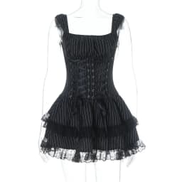 Goth Dark Lolita Outfits Cyber Y2K Striped Bandage Mini Dresses Sweet Lace Stitch Hem Cake Dress Mall Gothic Straps Party Gown