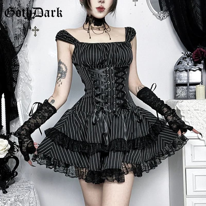 Goth Dark Lolita Outfits Cyber Y2K Striped Bandage Mini Dresses Sweet Lace Stitch Hem Cake Dress Mall Gothic Straps Party Gown