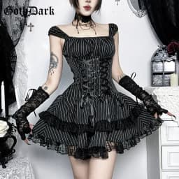 Goth Dark Lolita Outfits Cyber Y2K Striped Bandage Mini Dresses Sweet Lace Stitch Hem Cake Dress Mall Gothic Straps Party Gown