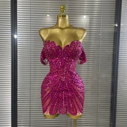 STOCK Women Sexy Strapless Shining Sequins Crystal Laced-up Bodycon Mini Dress Nightclub Party Celebrate Birthday Fashion Outfit