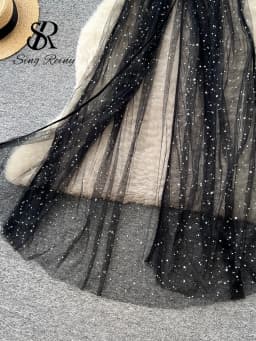 SINGREINY Ins Streetwear Sequined Long Dress Female Strap Shiny Split Outerwear Korean Style Dot Print Sheer Mesh Sundress