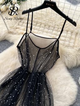 SINGREINY Ins Streetwear Sequined Long Dress Female Strap Shiny Split Outerwear Korean Style Dot Print Sheer Mesh Sundress