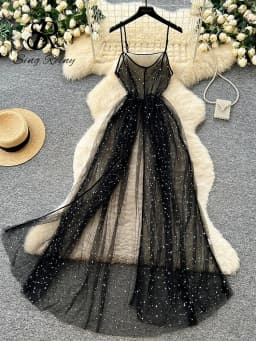 SINGREINY Ins Streetwear Sequined Long Dress Female Strap Shiny Split Outerwear Korean Style Dot Print Sheer Mesh Sundress