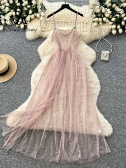 SINGREINY Ins Streetwear Sequined Long Dress Female Strap Shiny Split Outerwear Korean Style Dot Print Sheer Mesh Sundress