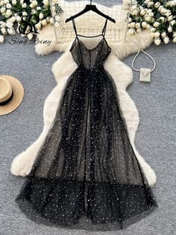 SINGREINY Ins Streetwear Sequined Long Dress Female Strap Shiny Split Outerwear Korean Style Dot Print Sheer Mesh Sundress