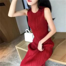 High-grade Women Solid Color Vestidos Lady Fashion Pleated Sleeveless Maxi Dress Summer Femme New Round Neck Vest Long Dresses