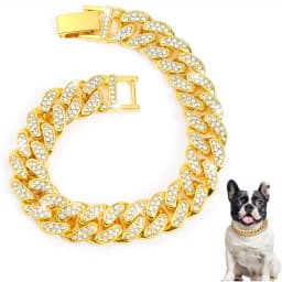 15mm Gold Dog Chain Collar Luxury Diamond Cuban Link Crystal Necklace Durable Dog Collar for Small Medium Large Dogs Cats