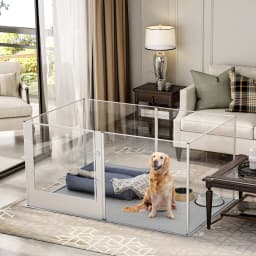 Large Acrylic Dog Playpen Fence, 6 Panels, Heavy Duty Pet Kennels Crate, Whelping Box with Waterproof Mat
