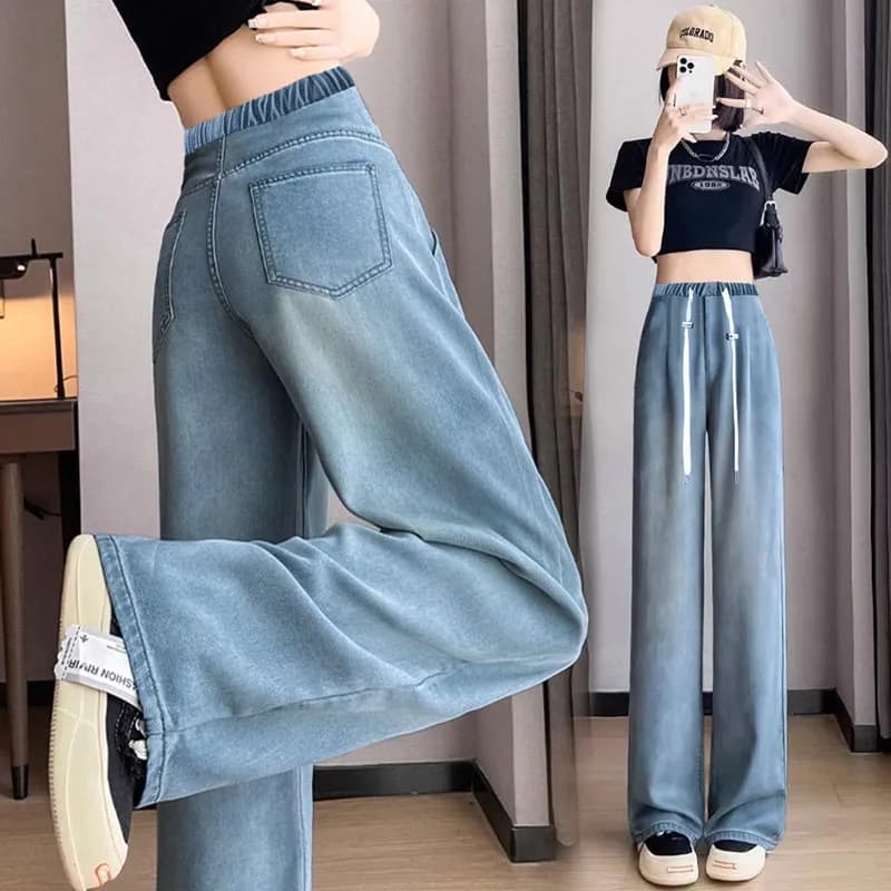 Maternity Korean Style Denim Trousers Summer Vintage Female Drawstring Waist Pants Pregnant Woman Jeans Loose Casual Long Pants
