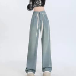 Maternity Korean Style Denim Trousers Summer Vintage Female Drawstring Waist Pants Pregnant Woman Jeans Loose Casual Long Pants