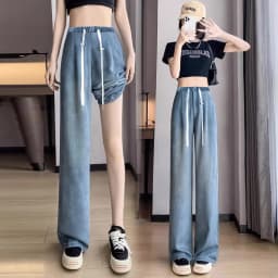 Maternity Korean Style Denim Trousers Summer Vintage Female Drawstring Waist Pants Pregnant Woman Jeans Loose Casual Long Pants