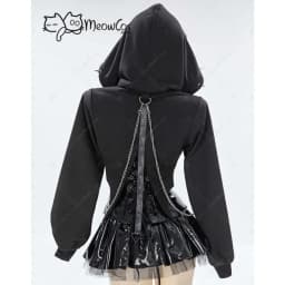 MEOWCOS Women Gothic Lingerie Set Black Corset Top and Mini Skirt with Short Hoodie and Thigh-High Stockings for Halloween