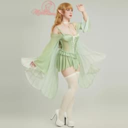 Mobbunny Women's Magic Elf Medieval Green Fairy Lingerie Dress Green Ruffle Elegant Bodysuit and Necklace with Stockings