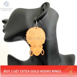 SOMESOOR Engraved Afrocentric Ethnic Wooden Drop Earrings Tribal Headwrap Natural Hair Geometric Dangle Jewelry For Women Gifts