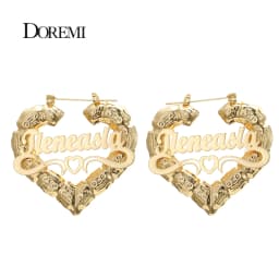 DOREMI 30-90mm Stainless Steel Bamboo Custom Heart Shape Earrings Customize Name Earrings Bamboo Style Custom Hoop Earrings Gift