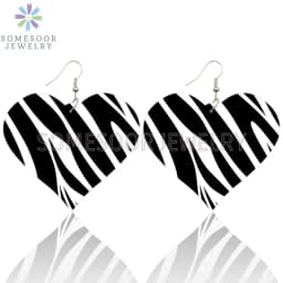 SOMESOOR Fashion Leopard Print Heart Wooden Drop Earrings For Women Black Zebra Colorful Animal Skin Pattern Wood Dangle Jewelry