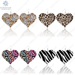SOMESOOR Fashion Leopard Print Heart Wooden Drop Earrings For Women Black Zebra Colorful Animal Skin Pattern Wood Dangle Jewelry