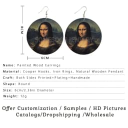 SOMESOOR Vintage Mona Lisa Girl Wooden Drop Earrings Da Vfor Art Painting Geometric Wood Loops Dangle Jewelry For Women Gifts