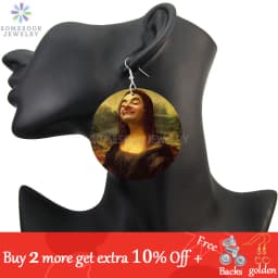 SOMESOOR Vintage Mona Lisa Girl Wooden Drop Earrings Da Vfor Art Painting Geometric Wood Loops Dangle Jewelry For Women Gifts