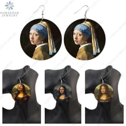 SOMESOOR Vintage Mona Lisa Girl Wooden Drop Earrings Da Vfor Art Painting Geometric Wood Loops Dangle Jewelry For Women Gifts