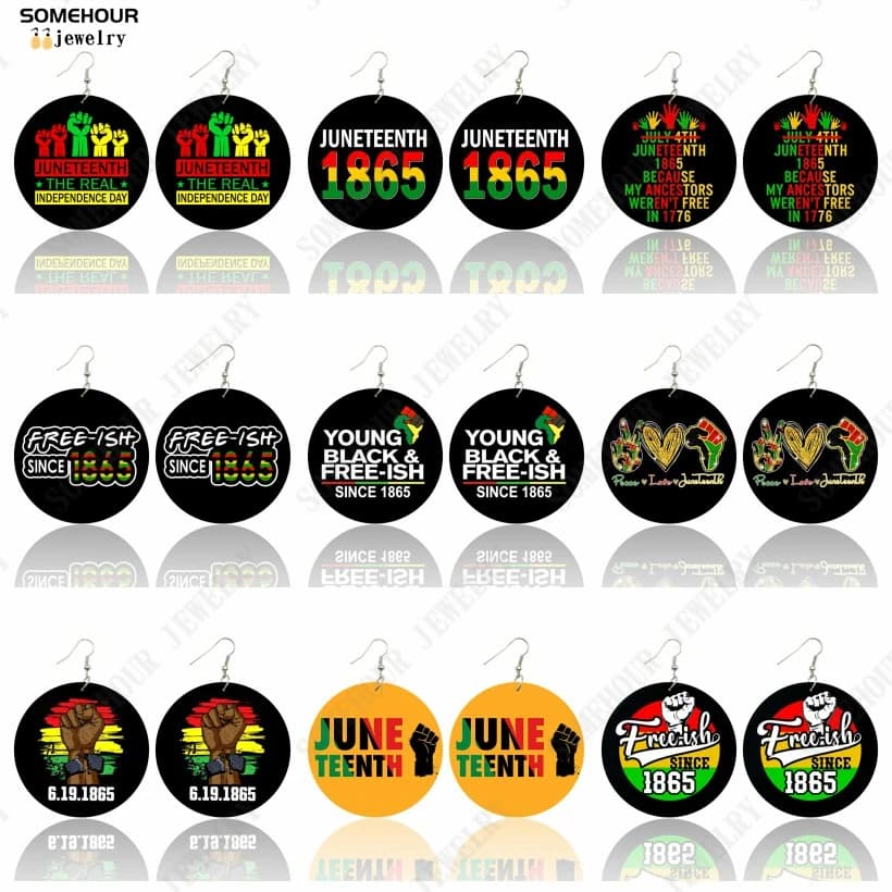 SOMEHOUR Freeish Since 1865 Juneteenth Art Print Wooden Drop Earrings For Women Young Black Independence Day Wood Loops Dangle