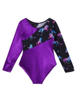 Kids Girls Long Sleeves Cartoon Print Sports Gymnastics Workot Bodysuit Choldren Patchwork Ballet Dance Leotard Jumpsuit Romper