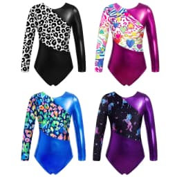 Kids Girls Long Sleeves Cartoon Print Sports Gymnastics Workot Bodysuit Choldren Patchwork Ballet Dance Leotard Jumpsuit Romper