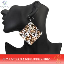 SOMESOOR Leopard Fur Seamless Print Wooden Drop Earrings Black Zebra Cheetah Animal Skin Designs Women Square Dangle Jewelry