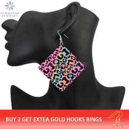 SOMESOOR Leopard Fur Seamless Print Wooden Drop Earrings Black Zebra Cheetah Animal Skin Designs Women Square Dangle Jewelry