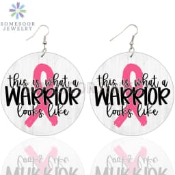SOMESOOR October Cancer Awareness Month Designs Wooden Drop Earring For Women Gifts Peave Love Hope Cure Print Ear Loops Dangle