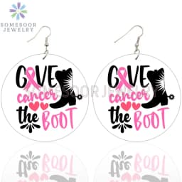 SOMESOOR October Cancer Awareness Month Designs Wooden Drop Earring For Women Gifts Peave Love Hope Cure Print Ear Loops Dangle