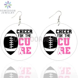 SOMESOOR October Cancer Awareness Month Designs Wooden Drop Earring For Women Gifts Peave Love Hope Cure Print Ear Loops Dangle