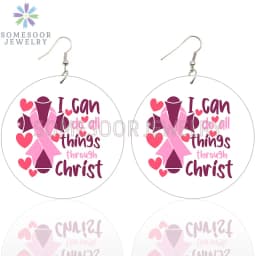 SOMESOOR October Cancer Awareness Month Designs Wooden Drop Earring For Women Gifts Peave Love Hope Cure Print Ear Loops Dangle