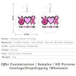 SOMESOOR October Cancer Awareness Month Designs Wooden Drop Earring For Women Gifts Peave Love Hope Cure Print Ear Loops Dangle