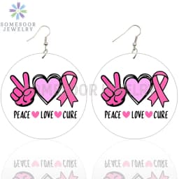 SOMESOOR October Cancer Awareness Month Designs Wooden Drop Earring For Women Gifts Peave Love Hope Cure Print Ear Loops Dangle